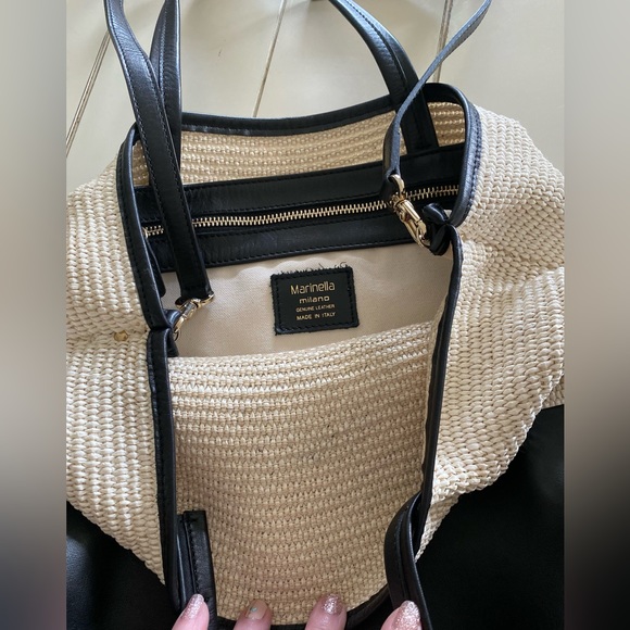 Marinella Milano Tote Purse Leather Cotton Woven Black And White Mint Condition - Picture 4 of 4